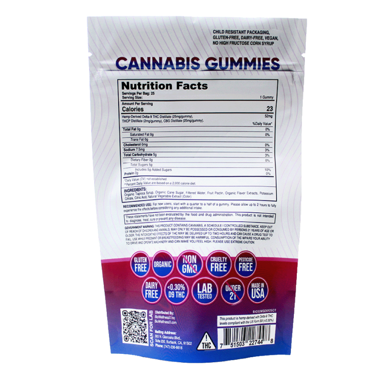 Delta-9 THC Gummies + THCp + CBG - 25 count - back